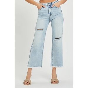 Risen High Rise Wide Leg Crop Denim Jeans Light Wash Frayed Hem